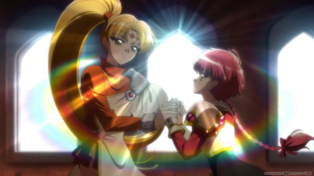 Presea, a criadora de armas, segura as mãos de Hikaru em cena oficial do episódio 3 do novo anime de Rayearth