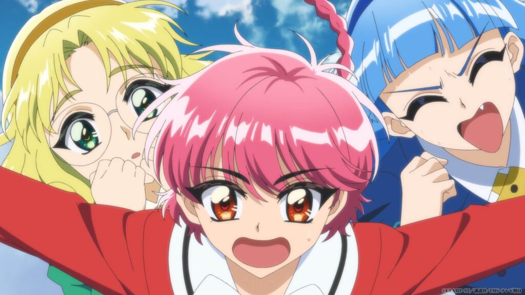 Fuu, Hikaru e Umi lado a lado, com Hikaru gritando no meio, em cena oficial do episódio 1 do novo anime de Rayearth