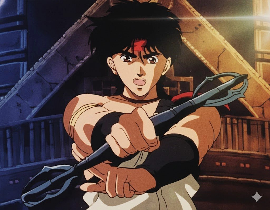Shurato vestindo sua armadura sagrada no anime Shurato
