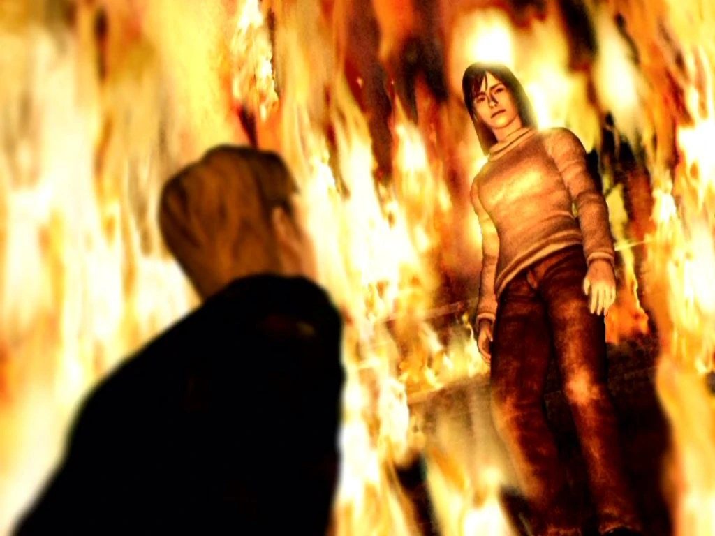 James e Angela na escadaria em chamas de Silent Hill 2 (2001)