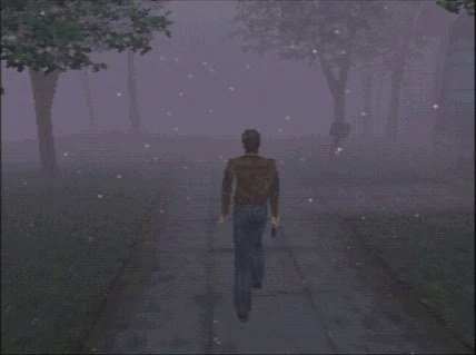 Harry Mason anda pela rua tomada pela neblina em Silent Hill (PS1)