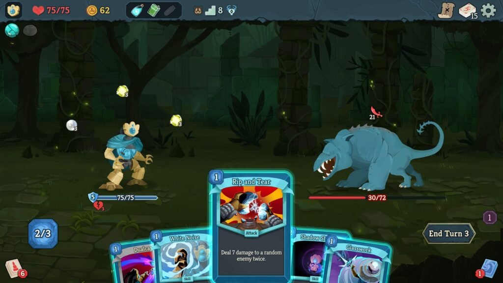 Batalha de cartas em Slay the Spire 2, com o herói diante de uma criatura azul