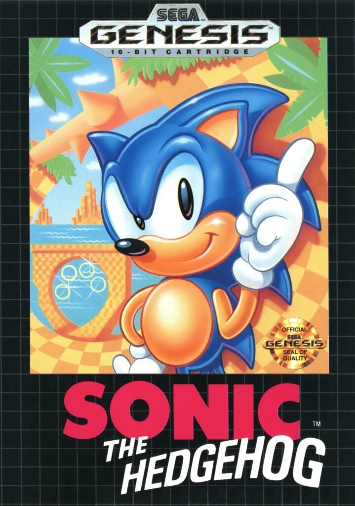 Capa americana de Sonic the Hedgehog (1991) para Genesis, com o logotipo de asa