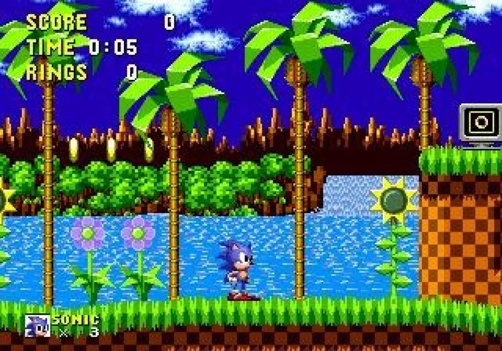 Sonic na Green Hill Zone, a primeira fase de Sonic the Hedgehog (1991)