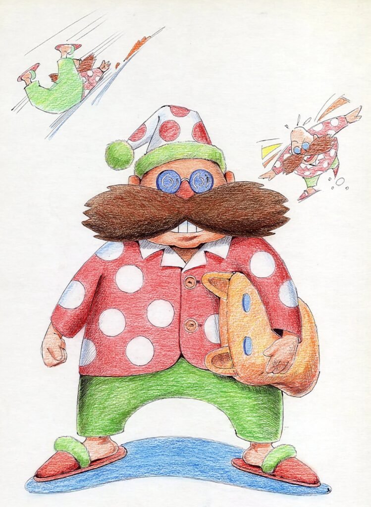 Desenho conceitual do Dr. Eggman de pijama, do desenvolvimento do primeiro Sonic