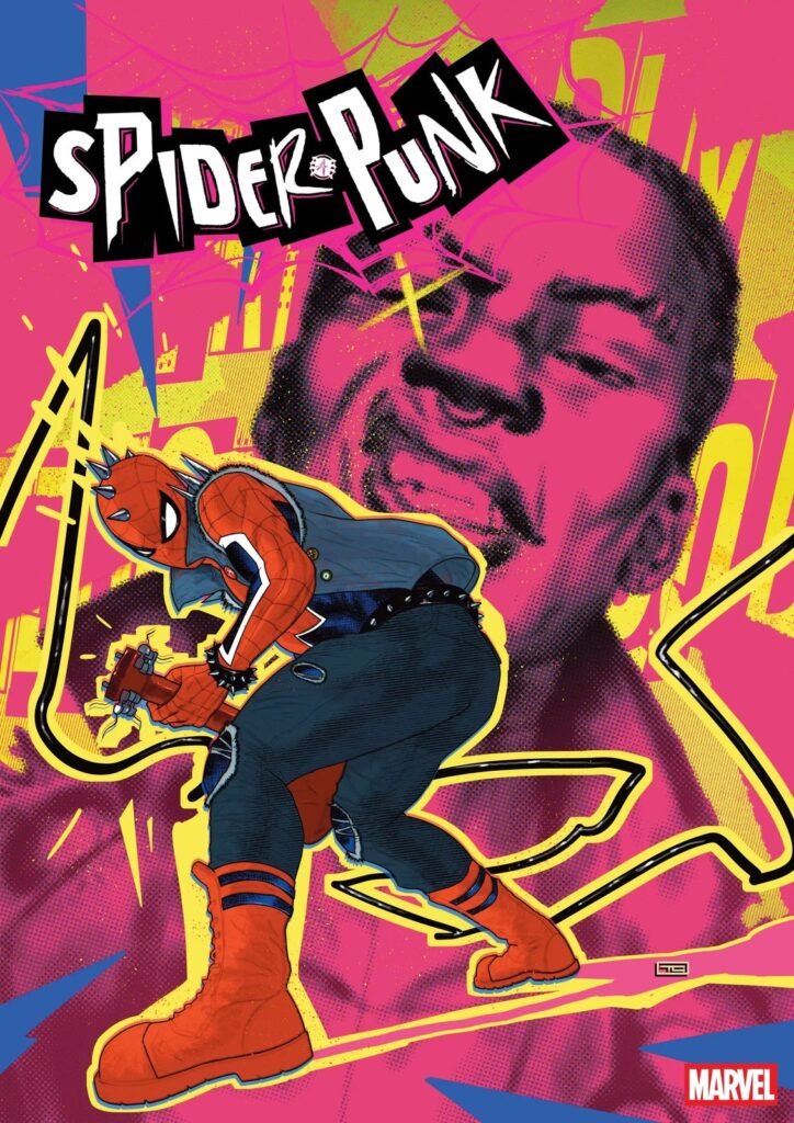 Capa de Spider-Punk #1, de Taurin Clarke, com Hobie Brown e sua guitarra