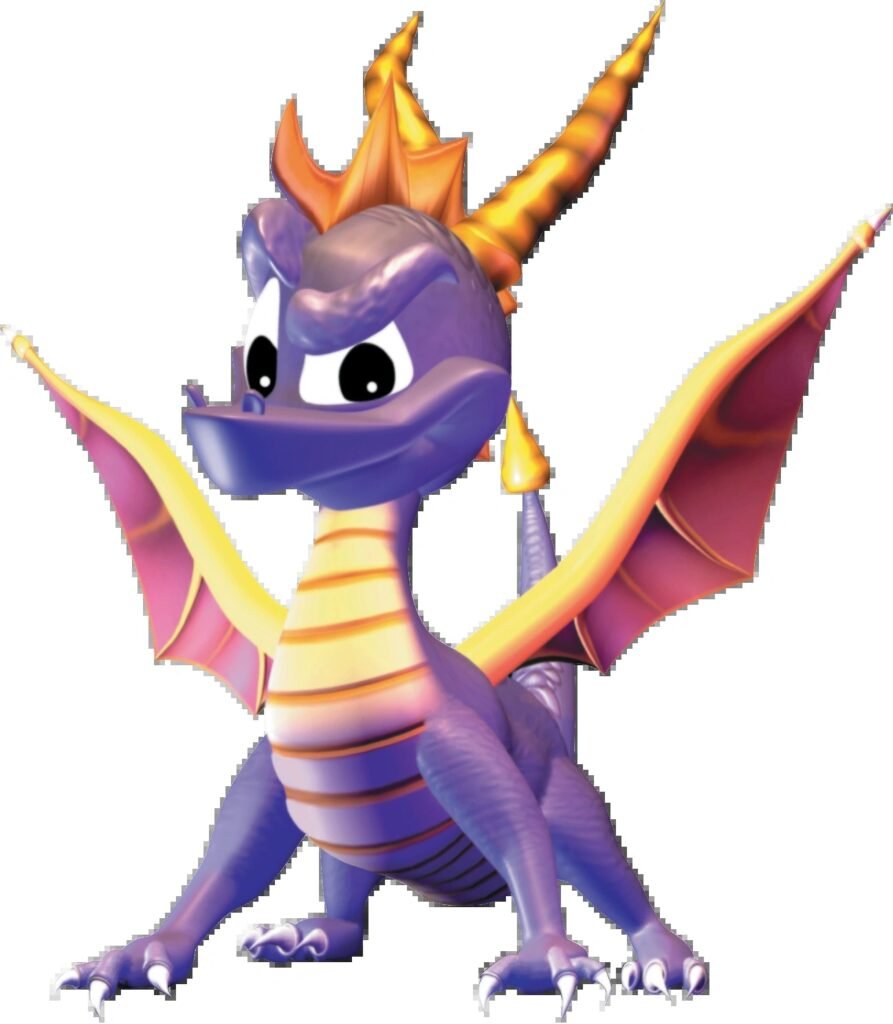 Render oficial de Spyro, já roxo, na arte do primeiro jogo (1998)