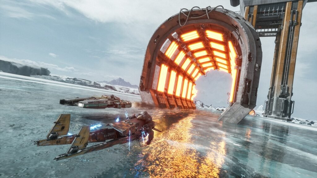 Corredores deslizam por uma pista de gelo rumo a um portal gigante iluminado em Star Wars: Galactic Racer
