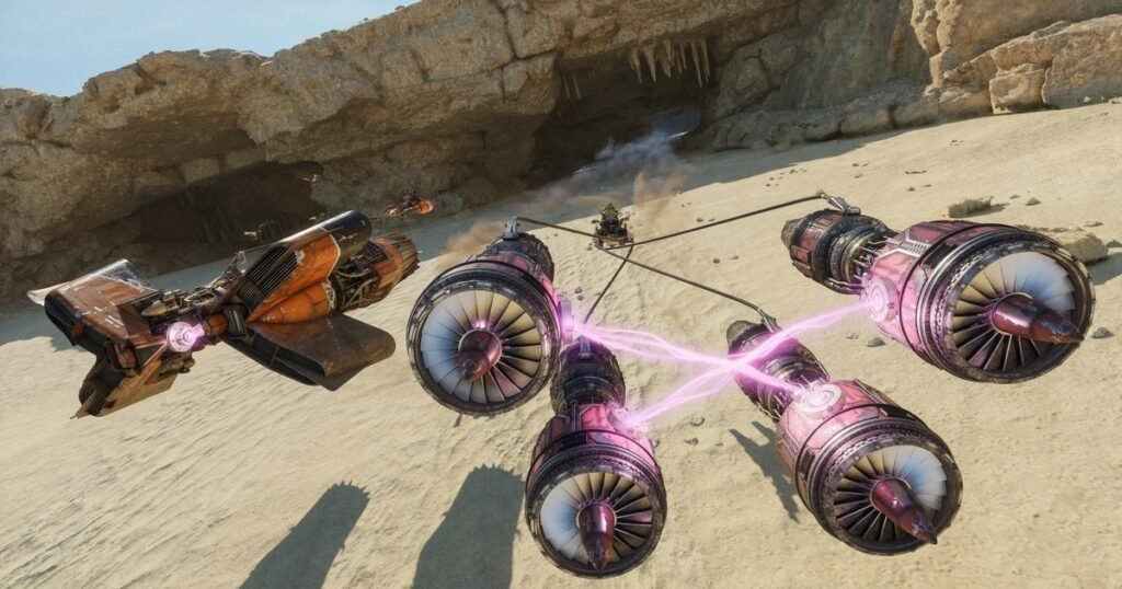 Dois podracers disputam a liderança numa pista de areia ao pé de um paredão de pedra em Star Wars: Galactic Racer