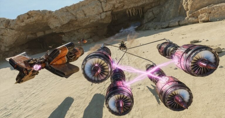Dois podracers disputam a liderança numa pista de areia ao pé de um paredão de pedra em Star Wars: Galactic Racer