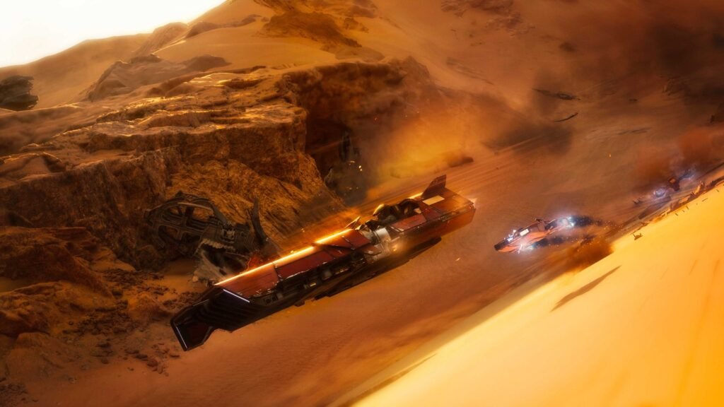 Speeder vermelho corre em alta velocidade por um cânion de areia alaranjada em Star Wars: Galactic Racer