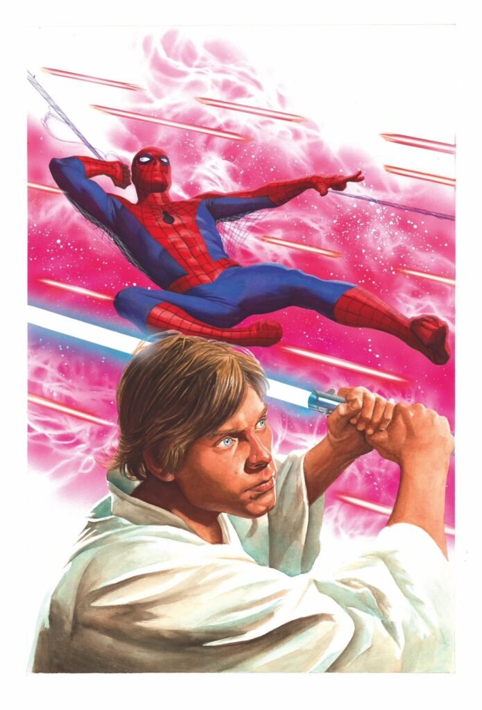 Homem-Aranha balança na teia acima de Luke Skywalker empunhando o sabre de luz, na capa variante de Alex Ross para Star Wars/Marvel: Hope Assembles nº 1