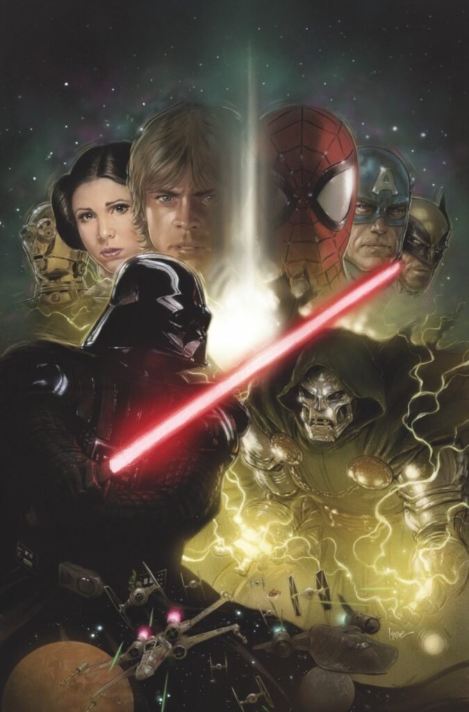 Darth Vader com o sabre de luz vermelho e Doutor Destino soltando raios, sob os rostos de heróis das duas franquias, na capa variante de Kaare Andrews