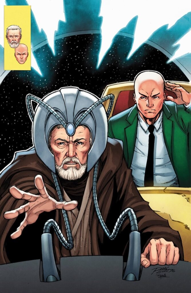 Obi-Wan Kenobi usa o capacete do Cérebro ao lado do Professor X, na capa variante de Ron Lim para Star Wars/Marvel: Hope Assembles nº 1