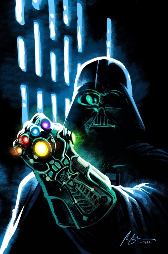 Darth Vader ergue a Manopla do Infinito, com as joias acesas, na capa variante de Rafael Albuquerque para Star Wars/Marvel: Hope Assembles nº 1