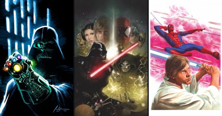 Darth Vader com a Manopla do Infinito, Vader e Doutor Destino em batalha, e Homem-Aranha com Luke Skywalker, em três capas variantes de Star Wars/Marvel: Hope Assembles nº 1