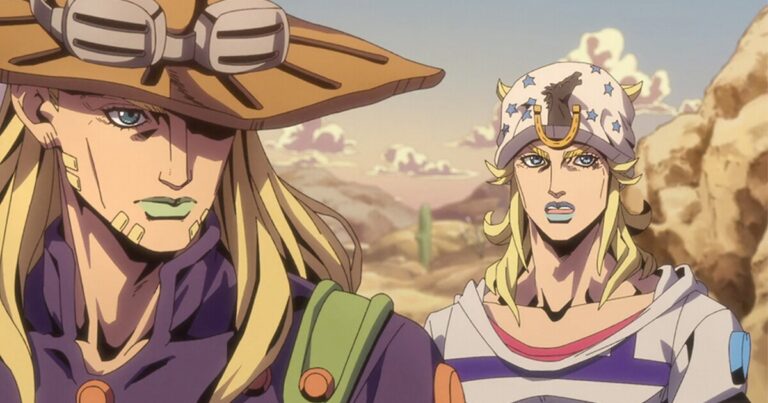 Gyro Zeppeli e Johnny Joestar no deserto em cena oficial de Steel Ball Run, anime de JoJo na Netflix