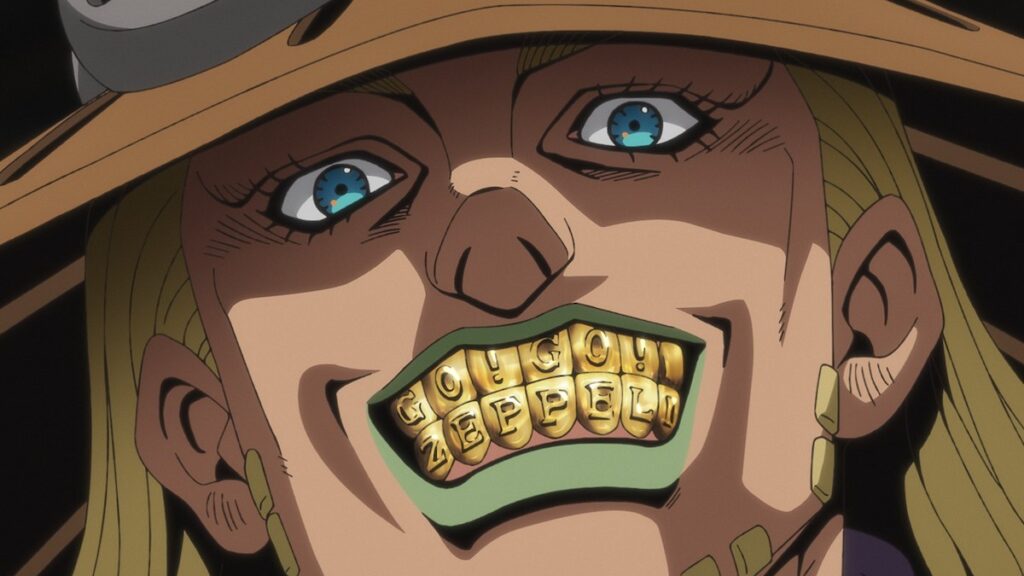 Close de Gyro Zeppeli sorrindo com os dentes de ouro em cena oficial de Steel Ball Run