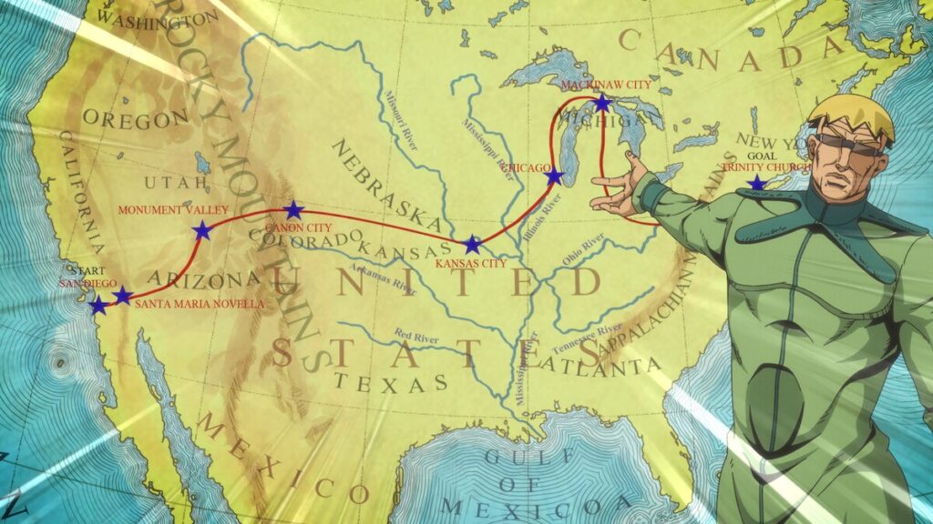 Mapa oficial da corrida Steel Ball Run atravessando os Estados Unidos, da costa oeste até Nova York