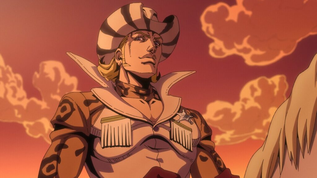 Competidor de chapéu listrado ao pôr do sol em cena oficial de Steel Ball Run na Netflix