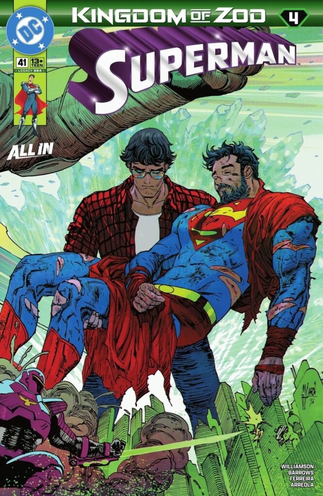 Capa de Superman #41, do arco Kingdom of Zod, com um homem de camisa xadrez carregando o Superman ferido