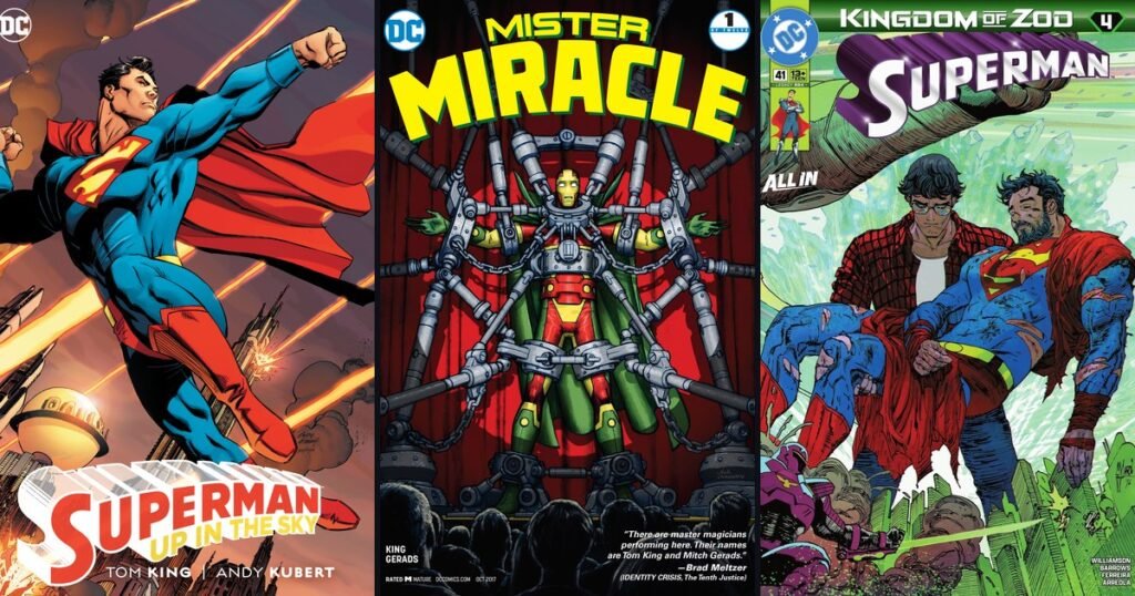Montagem com as capas de Superman: Up in the Sky, Senhor Milagre #1 e Superman #41