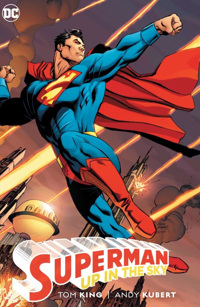 Capa de Superman: Up in the Sky, de Andy Kubert, com o Superman voando com o punho erguido
