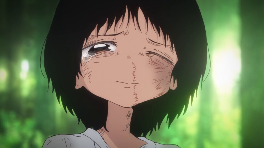 Shizuka, com o rosto machucado e arranhado, chora com lágrimas nos olhos, em cena do trailer do filme de Takopi's Original Sin