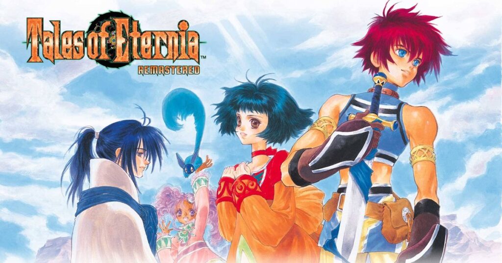 Key art oficial da Standard Edition: Reid, Farah, Keele, Meredy e Quickie sob céu azul com o logo Tales of Eternia Remastered