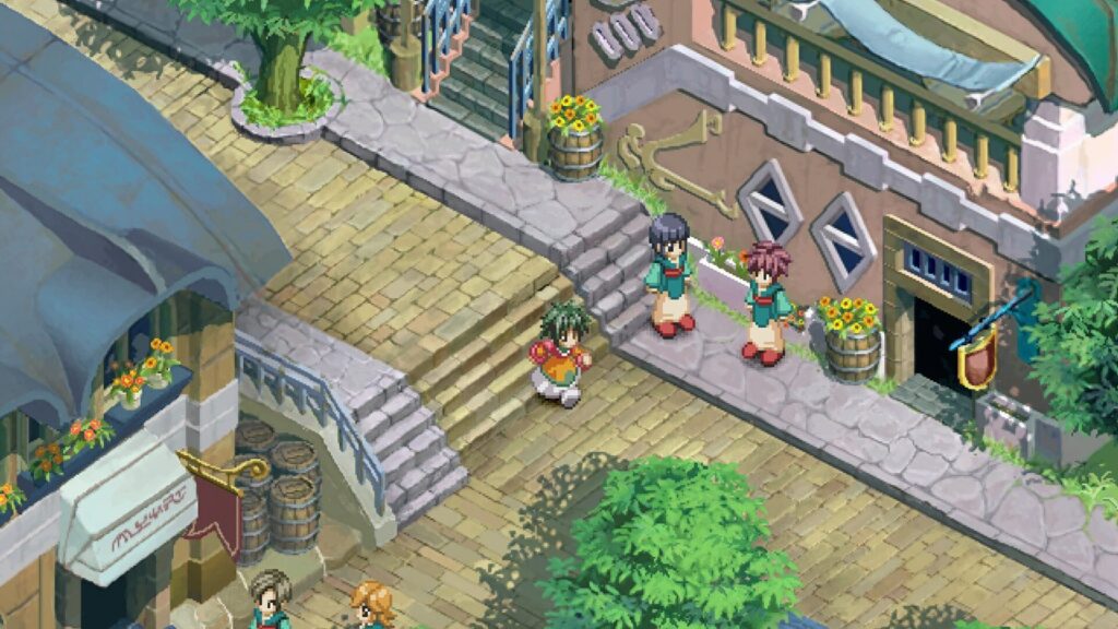 Screenshot oficial de exploração: Farah desce escadas de pedra numa cidade em terraços com barris e flores