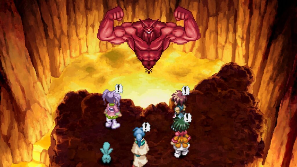 Screenshot oficial: o grupo confronta o Greater Craymel Efreet sobre um lago de lava numa caverna vulcânica