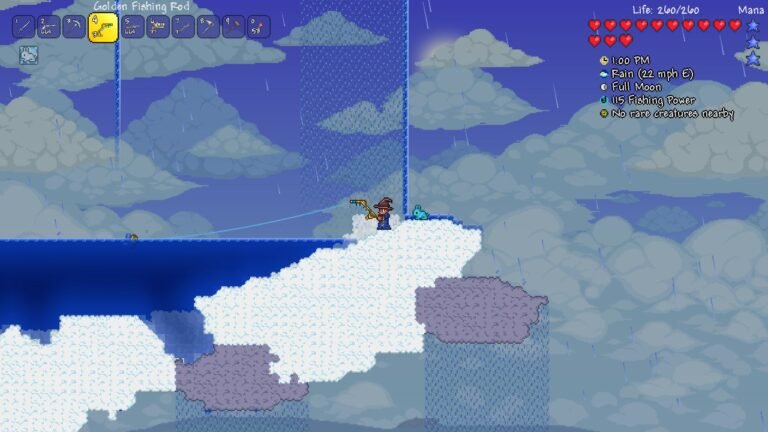 Captura de tela oficial de Terraria na Steam, com o personagem explorando ilhas flutuantes