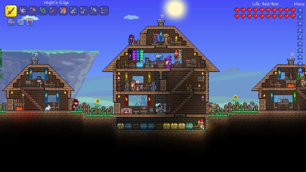 Captura de tela oficial de Terraria na Steam, com uma base construída pelo jogador