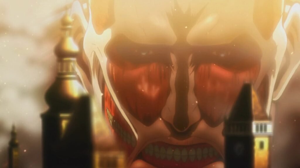 O Titã Colossal surge por cima da muralha de Shiganshina (episódio 1)