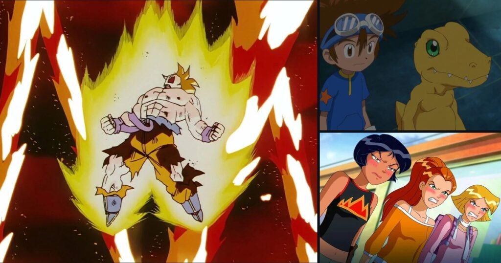 Goku Super Saiyajin em Namekusei, Tai e Agumon de Digimon Adventure e as Três Espiãs Demais, desenhos da TV Globinho