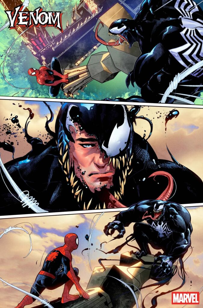 Página oficial da prévia de Venom #1: Venom e Homem-Aranha conversam no topo de um prédio, com o rosto de Eddie Brock surgindo pela metade do simbionte