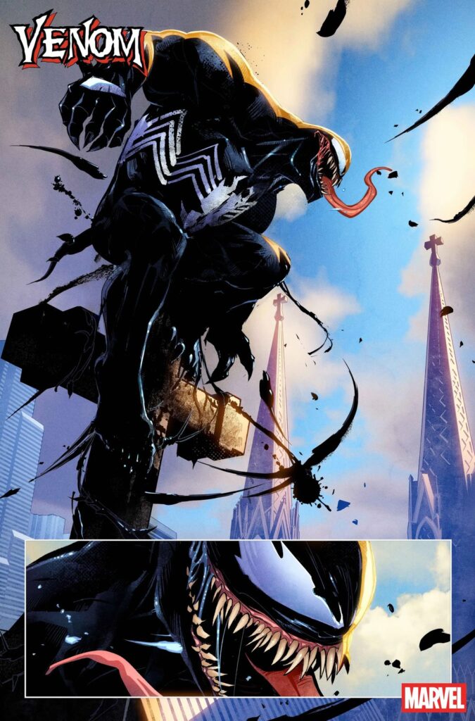 Página oficial da prévia de Venom #1: Venom salta do alto de uma catedral de Nova York sob o céu azul, com close dos dentes e da língua num quadro abaixo