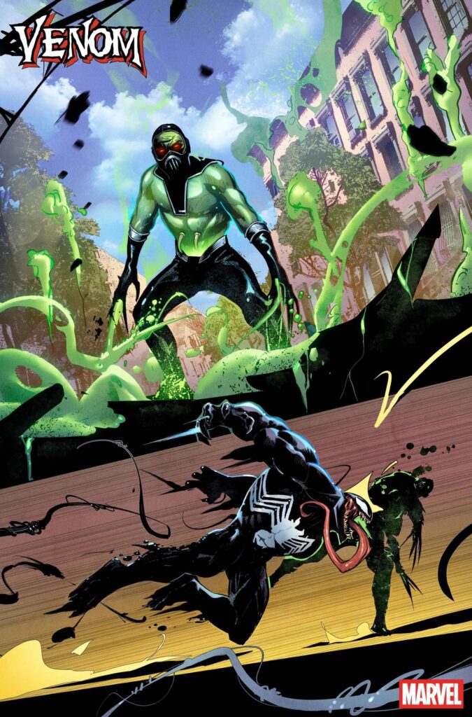 Página oficial da prévia de Venom #1: uma figura de traje verde cercada de gosma química verde encara Venom, que cai no chão no quadro de baixo