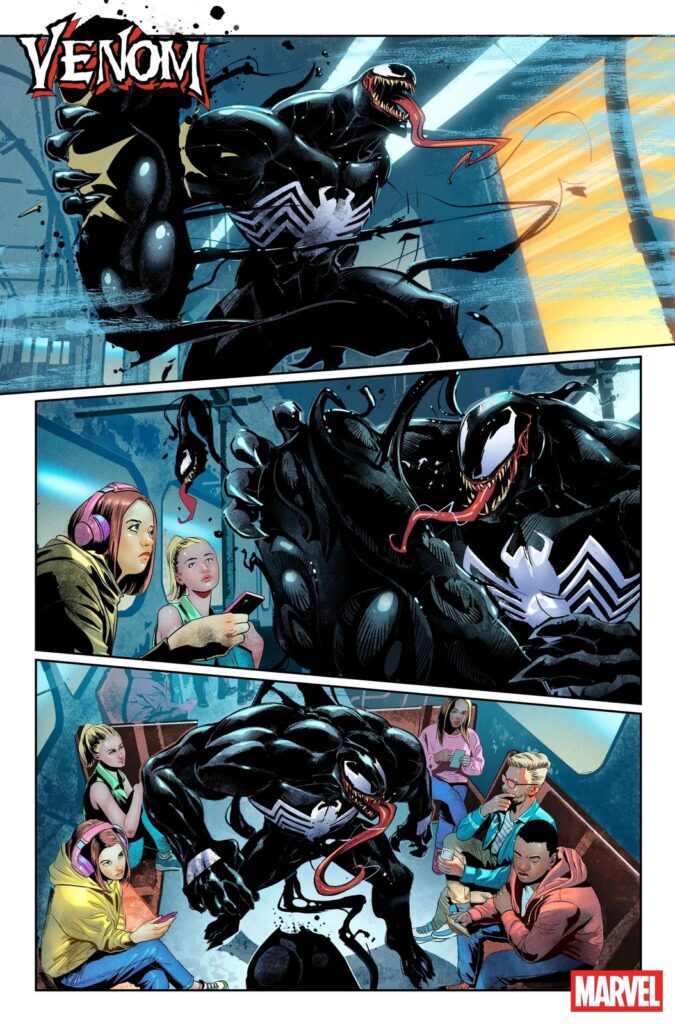 Página oficial da prévia de Venom #1: Venom invade um vagão de metrô e assusta os passageiros, que olham para ele com o celular na mão