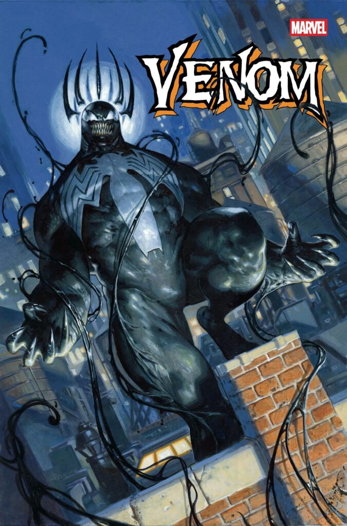 Capa principal oficial de Venom #3 (2026), por Davide Paratore: Venom com o novo visual de coroa, agachado no alto de um prédio de tijolos sob a lua