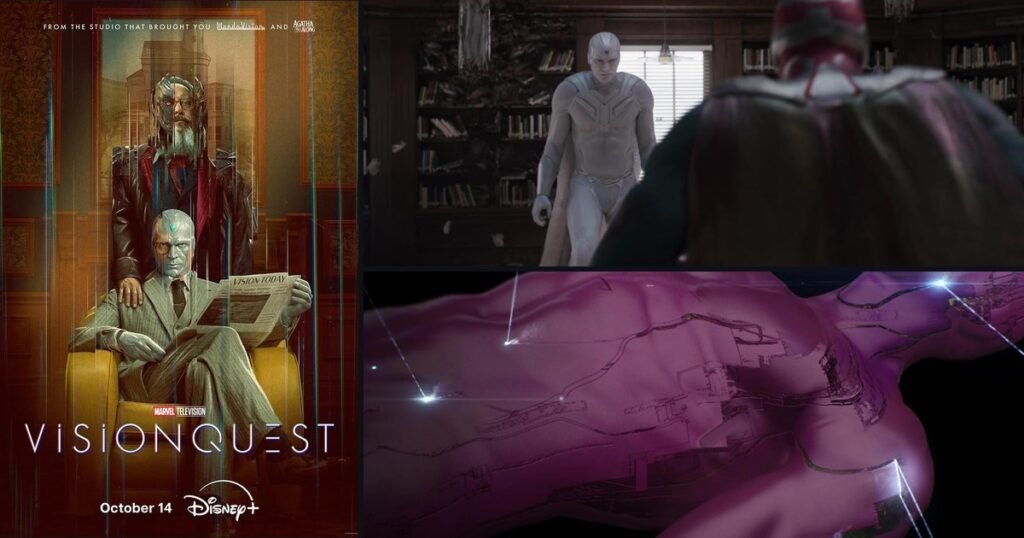 Pôster oficial de VisionQuest ao lado do Visão Branco em WandaVision e do nascimento do Visão em Vingadores: Era de Ultron