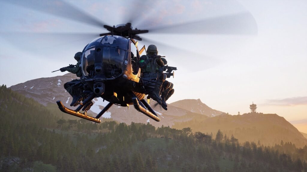 Helicóptero militar sobrevoa as montanhas em WARDOGS