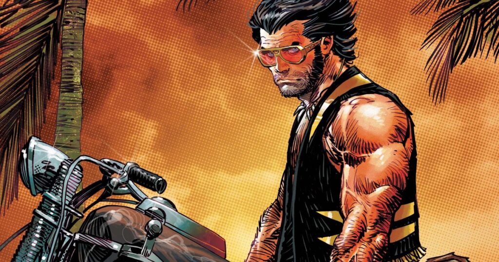 Capa principal oficial de Wolverine: Paradise #1, por Dan Panosian: Logan de óculos aviador numa chopper sob o pôr do sol de Miami, com as garras à mostra