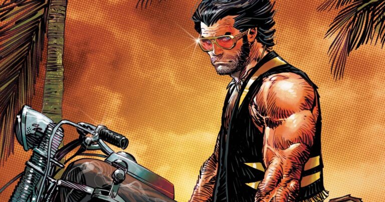 Capa principal oficial de Wolverine: Paradise #1, por Dan Panosian: Logan de óculos aviador numa chopper sob o pôr do sol de Miami, com as garras à mostra