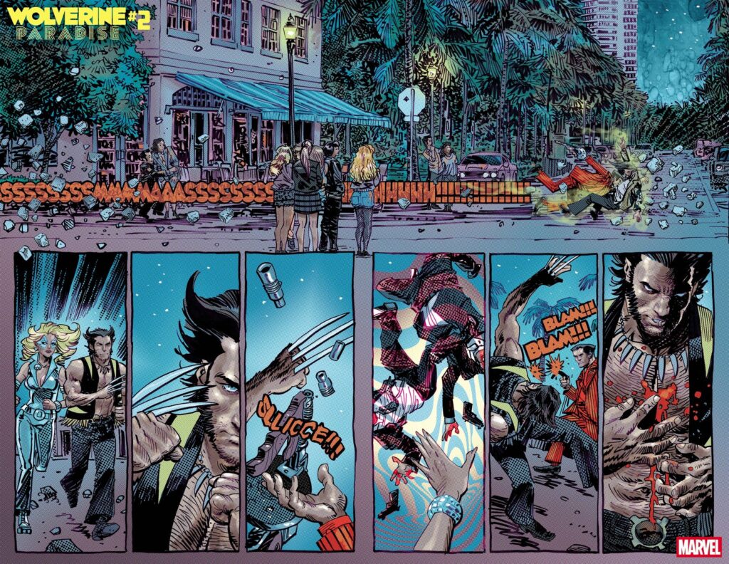 Página oficial da prévia de Wolverine: Paradise #2: Miami à noite, Dazzler e Wolverine em fuga, Hammerhead atira e as balas atingem o peito de Logan