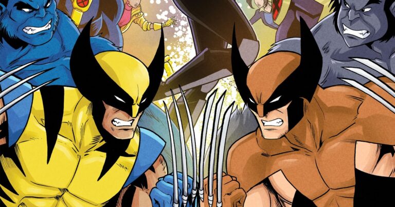 O Wolverine de uniforme amarelo da série de 1992 e o Wolverine de uniforme marrom de X-Men: Evolution cara a cara, garras cruzadas, com as duas versões do Fera atrás