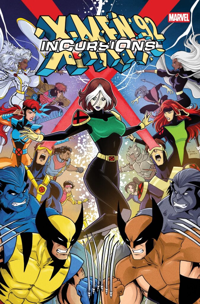 Capa A de X-Men '92: Incursions #1: a Vampira de X-Men: Evolution no centro, com a equipe da série de 1992 à esquerda e a de Evolution à direita, em versões espelhadas de Tempestade, Jean, Ciclope, Fera e Wolverine