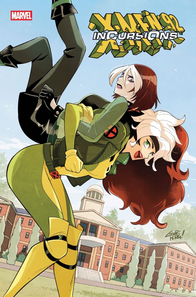 Capa variante de Gurihiru: a Vampira da série de 1992 carrega no colo a Vampira de X-Men: Evolution, que leva um susto, diante de um prédio de escola de tijolos