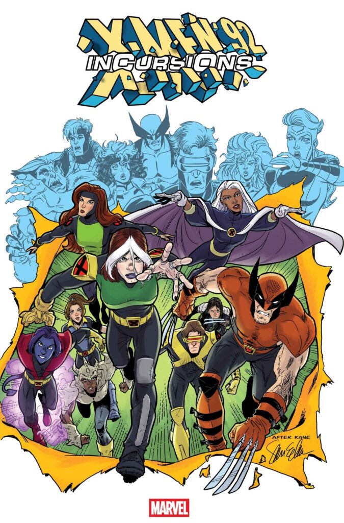 Capa variante de Steve E. Gordon: a equipe de X-Men: Evolution rasga o papel e corre para a frente, enquanto a formação da série de 1992 aparece em azul ao fundo, com a inscrição After Kane perto da assinatura