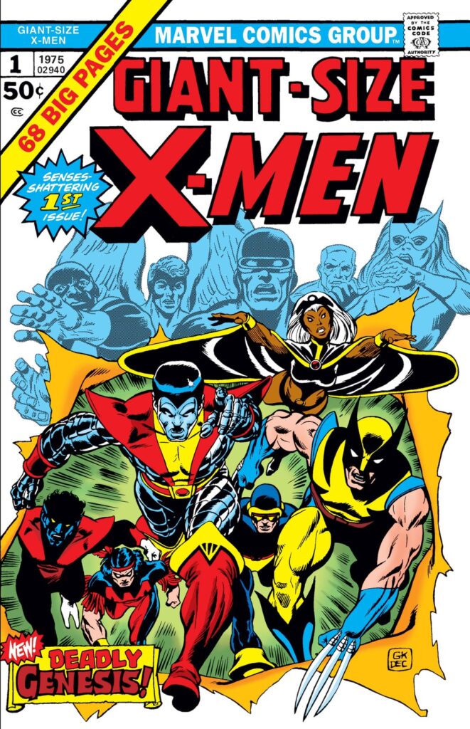 Capa de Giant-Size X-Men #1, de 1975: Colossus, Tempestade, Wolverine, Noturno, Pássaro Trovejante e outros novos X-Men rasgam o papel, com a equipe original em azul ao fundo